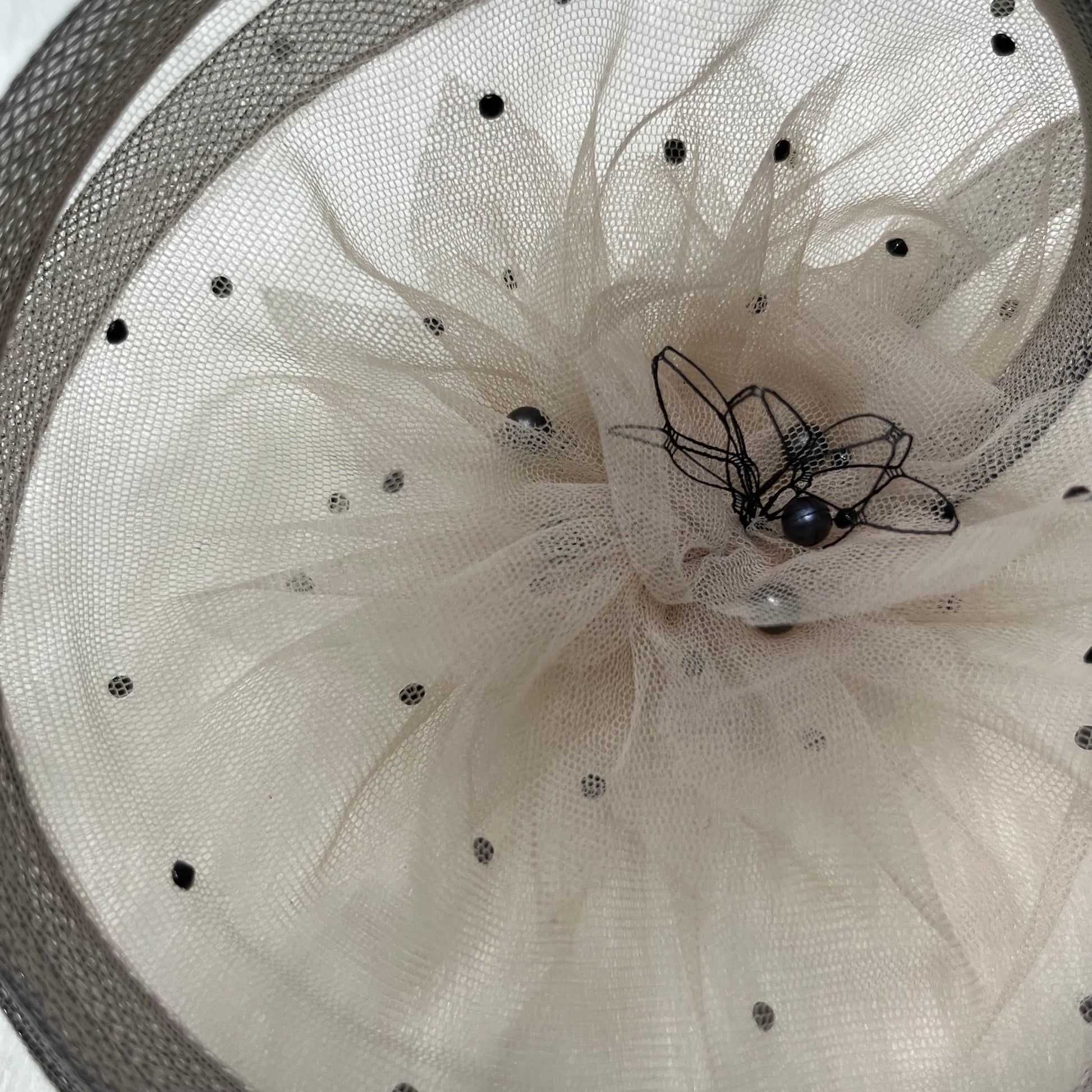 Twisted Warm Gray Fascinator with Black Pearls | Cocktail hat