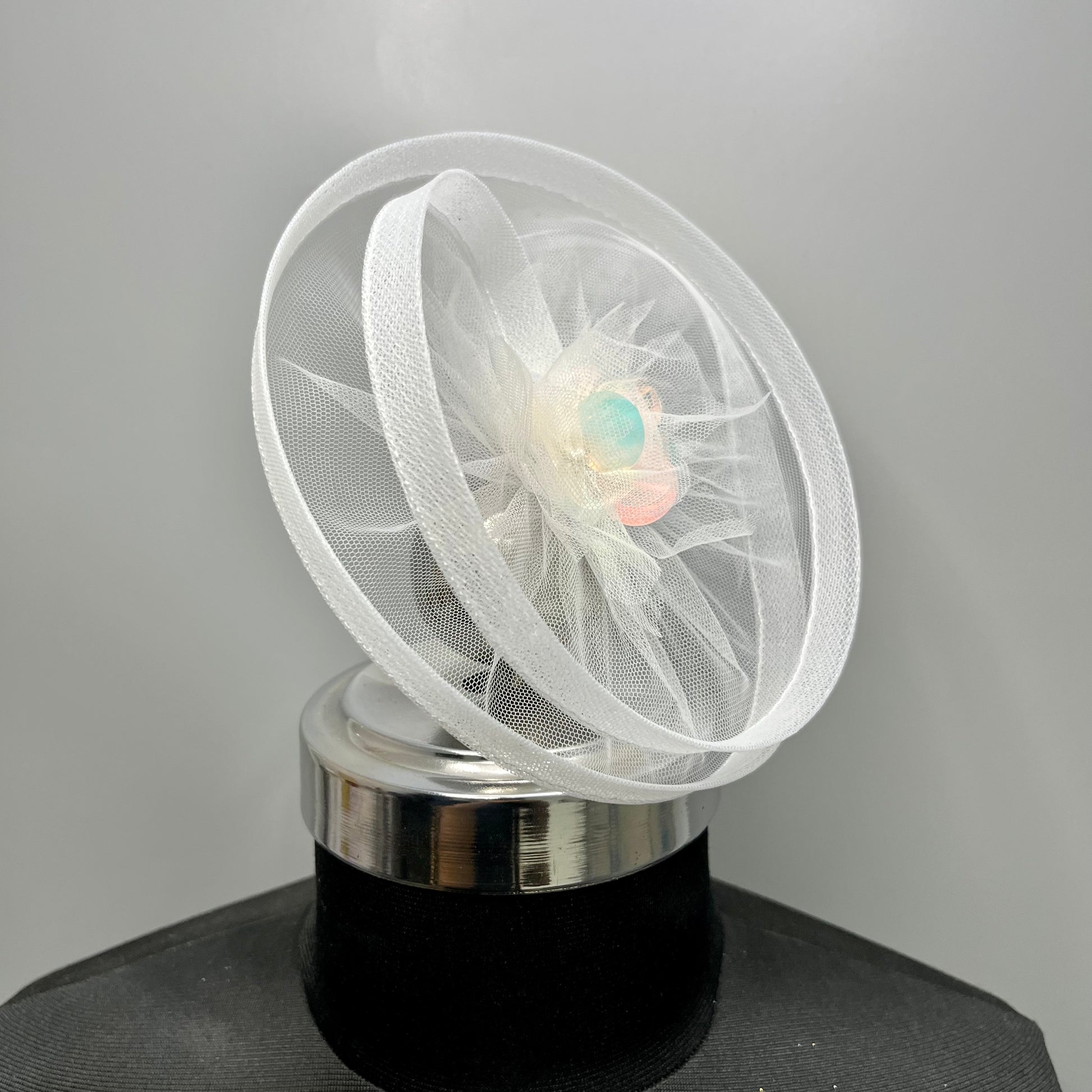 Twisted White Fascinator with Holographic flower | Designer hair accessory