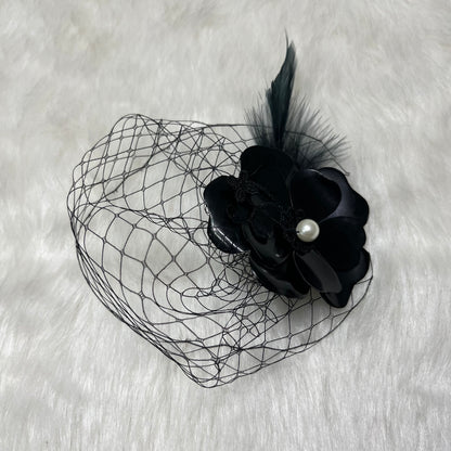 Black Minimal Birdcage Veil with flower and feather | Fascinator Hat