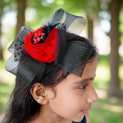 Black charm fascinator with red flower