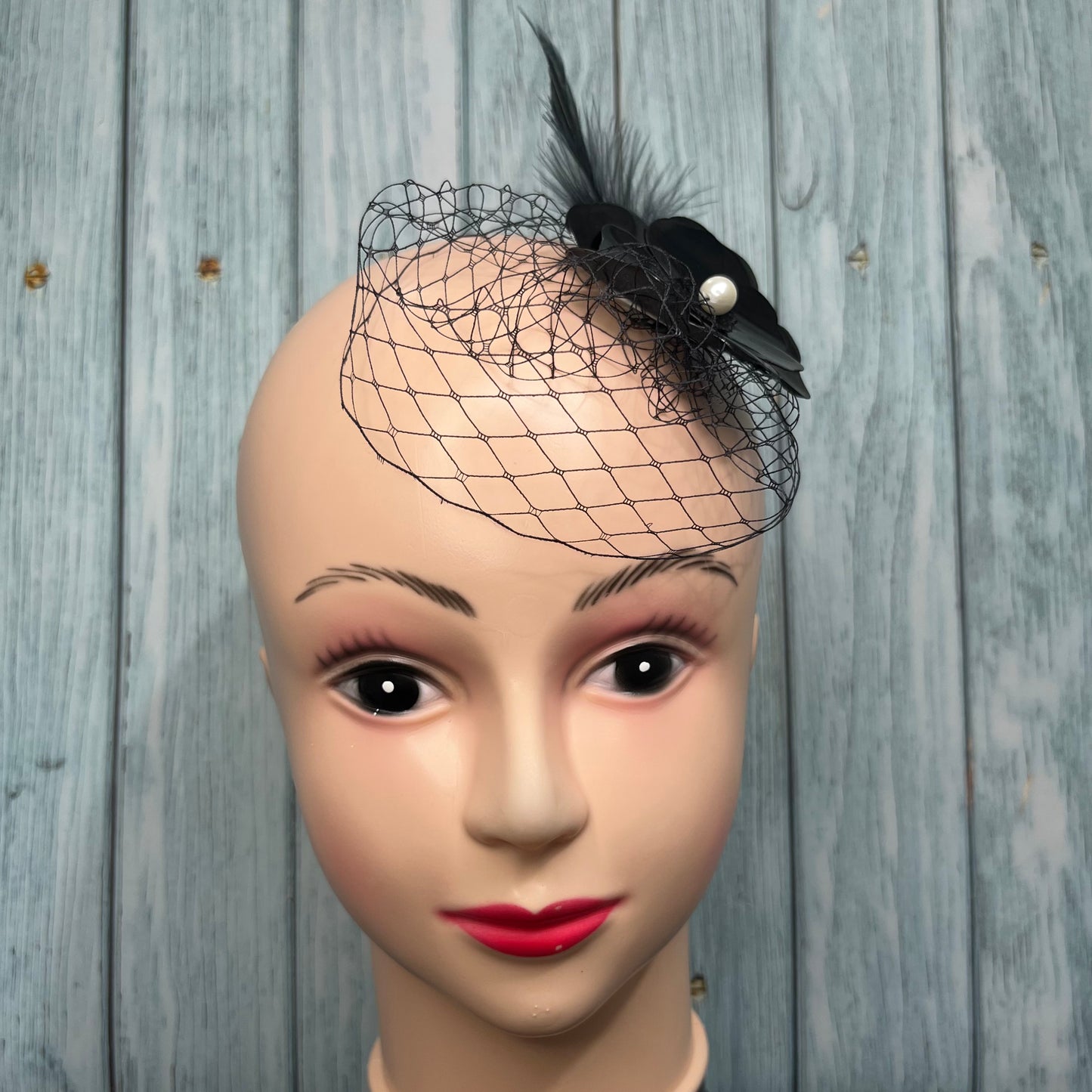 Black Minimal Birdcage Veil with flower and feather | Vintage Fashion