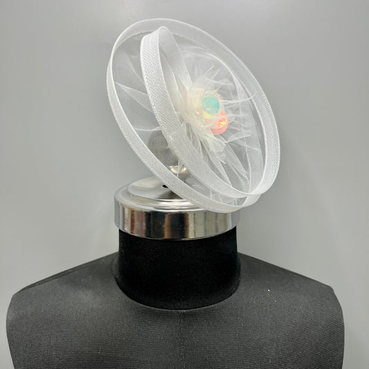 Twisted White Fascinator with Holographic flower