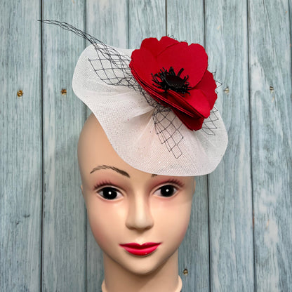 White Veil Fascinator with ref flower and black veil net