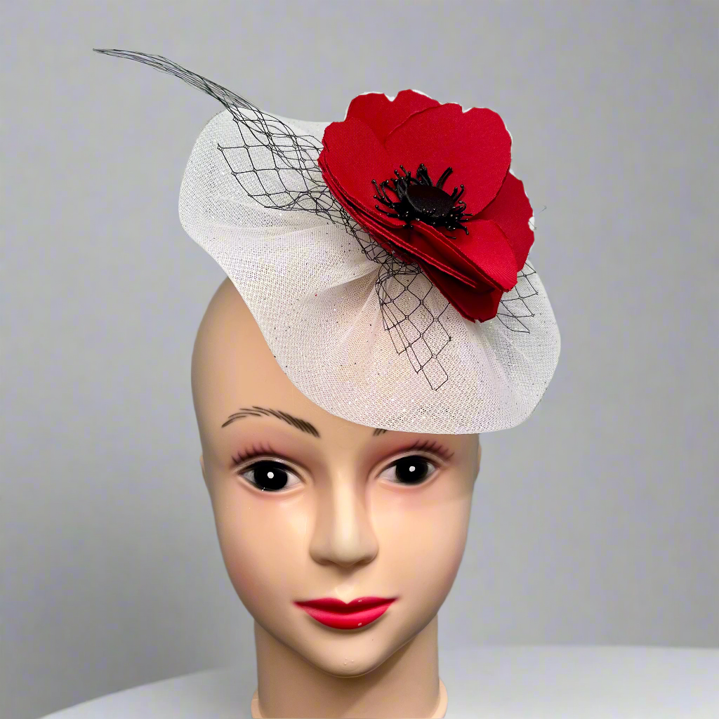 Garden Tales Red Poppy White fascinator with ed flower and black veil