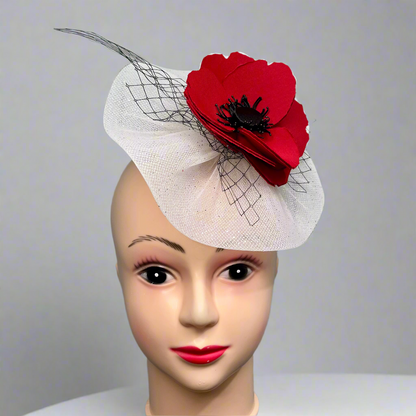 Garden Tales Red Poppy White fascinator with ed flower and black veil