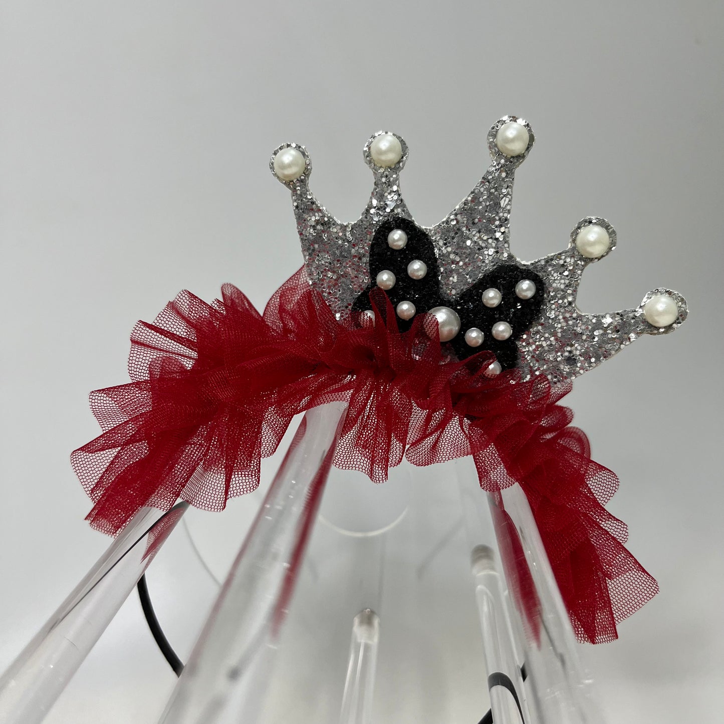 Red and Black Ruffled Hair Band with Crown for Baby Girl