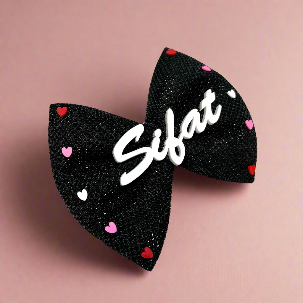 Custom Name Black Bow Hair Clip with hearts | Girls Alligator Bow Hair Clip