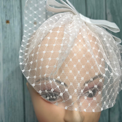 White Dotted Veil with Top White Ribbon Bow | Vintage Fascinator Hat
