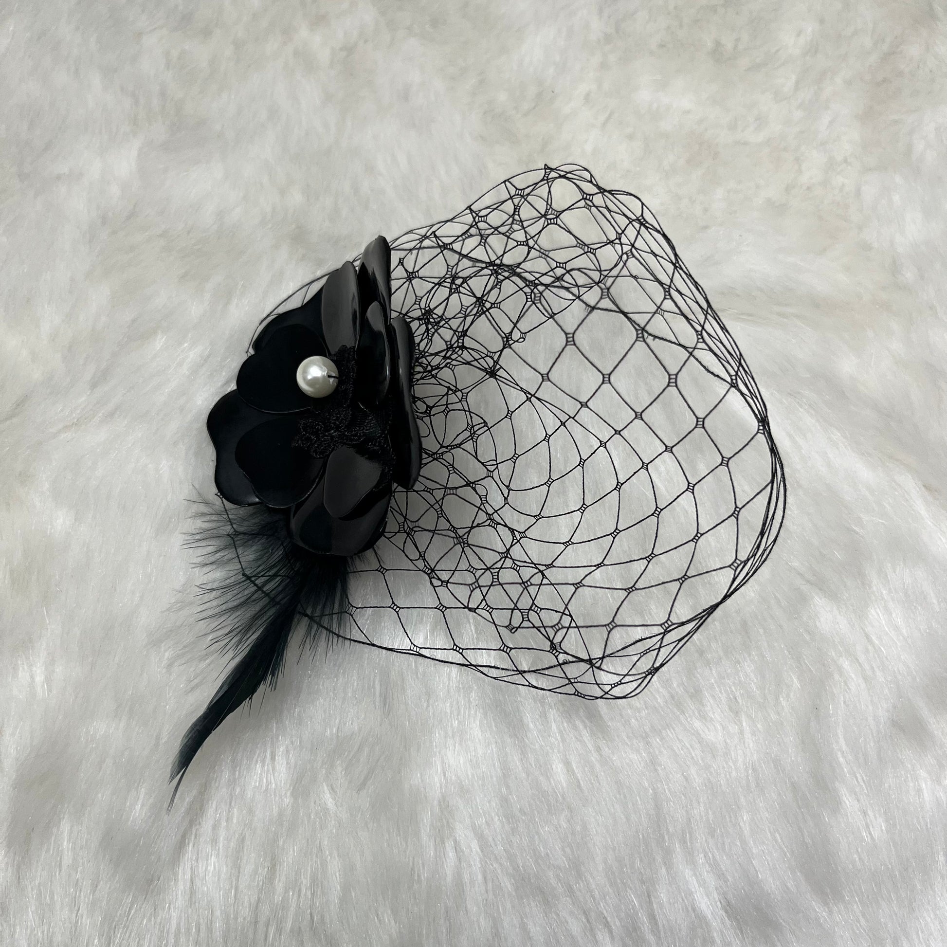 Black Minimal Birdcage Veil with flower and feather