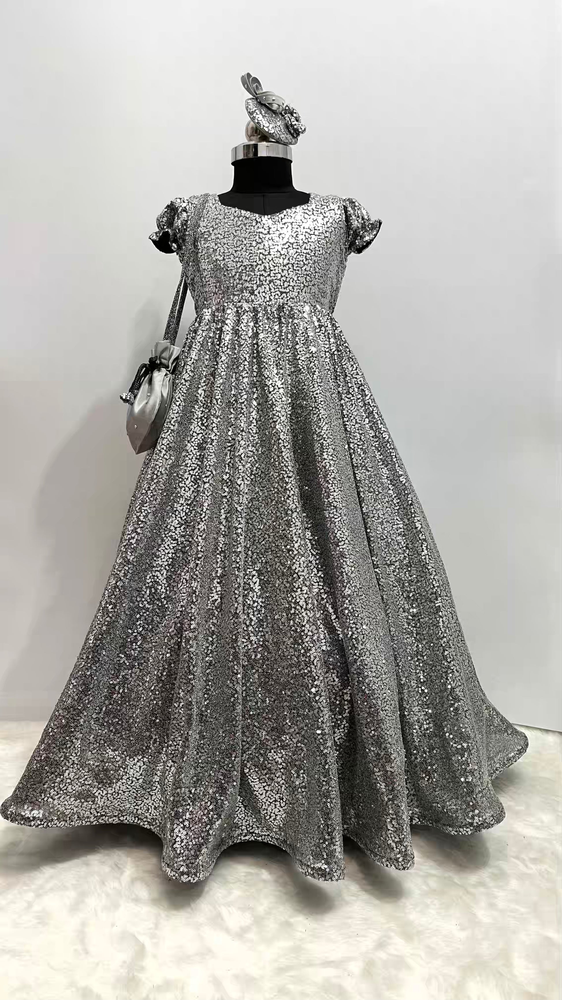 Designer Silver Sequin Gown for Girls