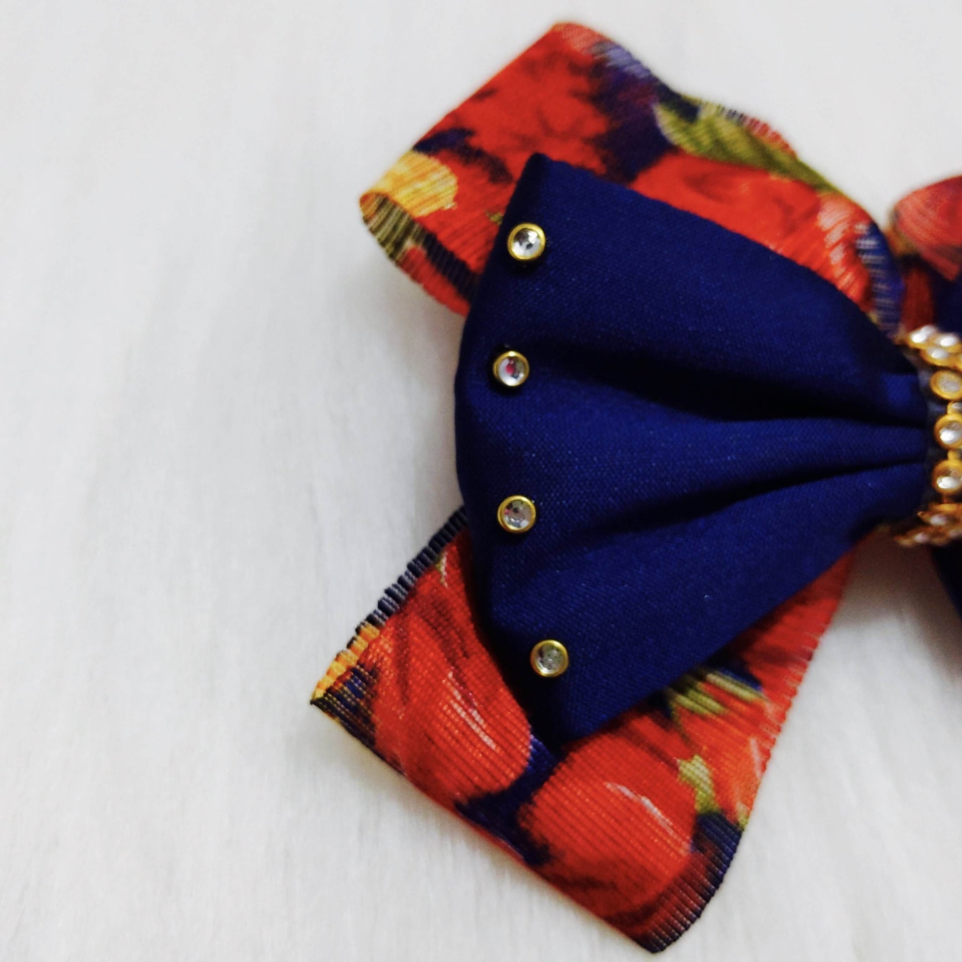 Red and Blue Floral Studded Bow Hair Clip | Hair Accessories for Kids and Girls