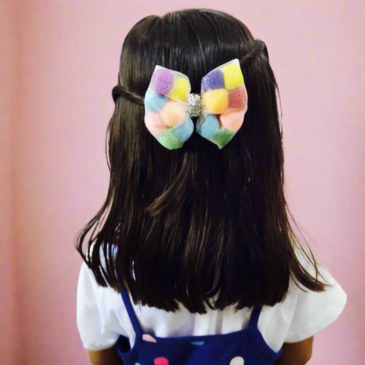 Multicoloured pom pom Bow Hair Clip | Designer Hair Accessories for Kids and Girls