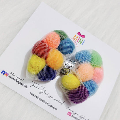 Multicoloured pom pom Bow Hair Clip | Designer Hair Accessories for Kids and Girls