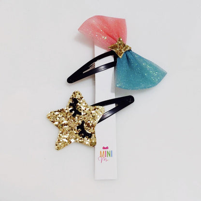 Glowing Star & Mini Tulle Bow Snap Clips |  Designer Hair Accessories for Kids & Accessories