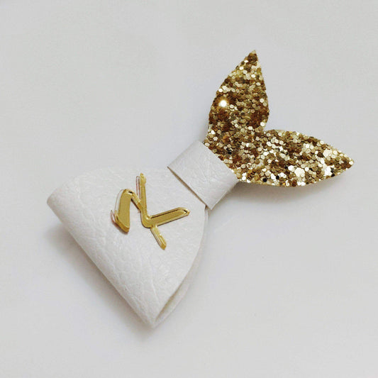 White & Gold Custom Name Letter mermaid Bow Hair Clip | Personalized Designer Hair Accessories for Kids & Girls