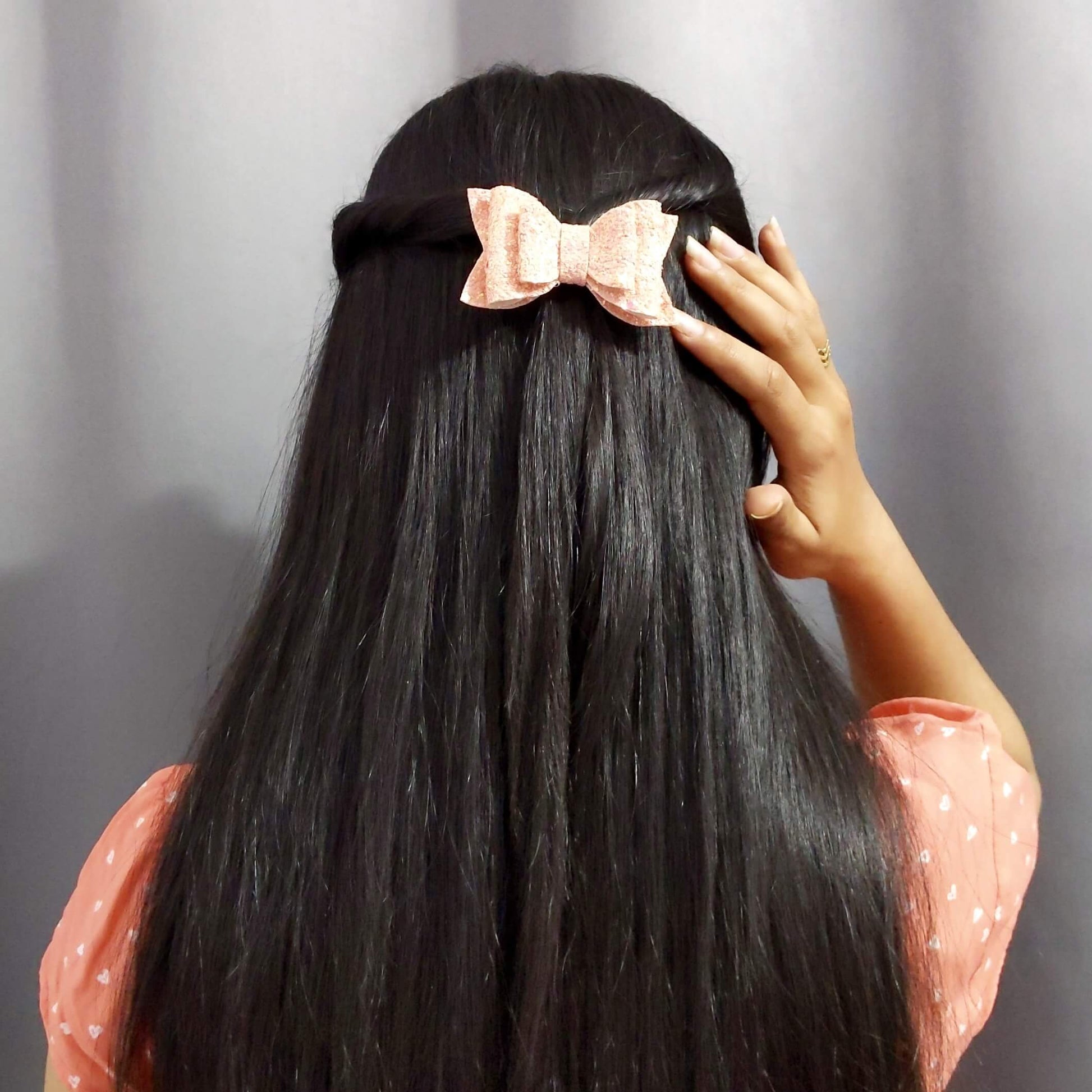 Peach Glitter Bow Hair Clip Set | Designer Hair Accessories for Kids and Girls