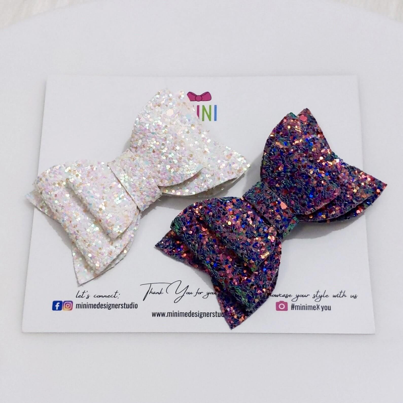 White & Multicoloured Glitter Bow Hair Clip Set | Designer Hair Accessories for Kids and Girls