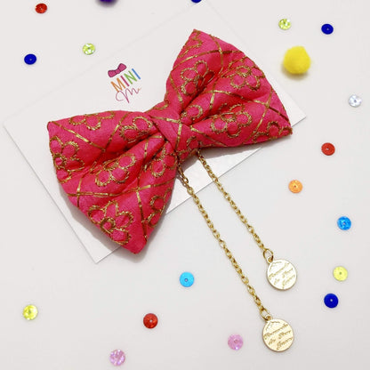 Pink and Gold Festive Princess Bow Hair Clip | Premium Silk Bow