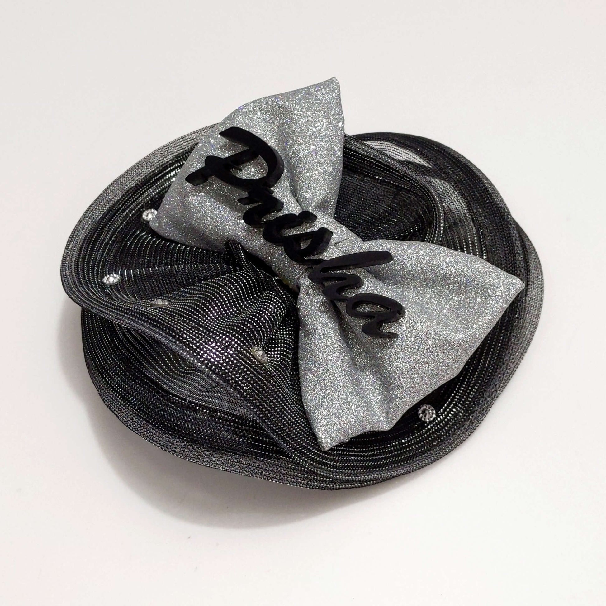 Metalic Grey Fascinator with Personalised Name Bow | Headband for baby girl