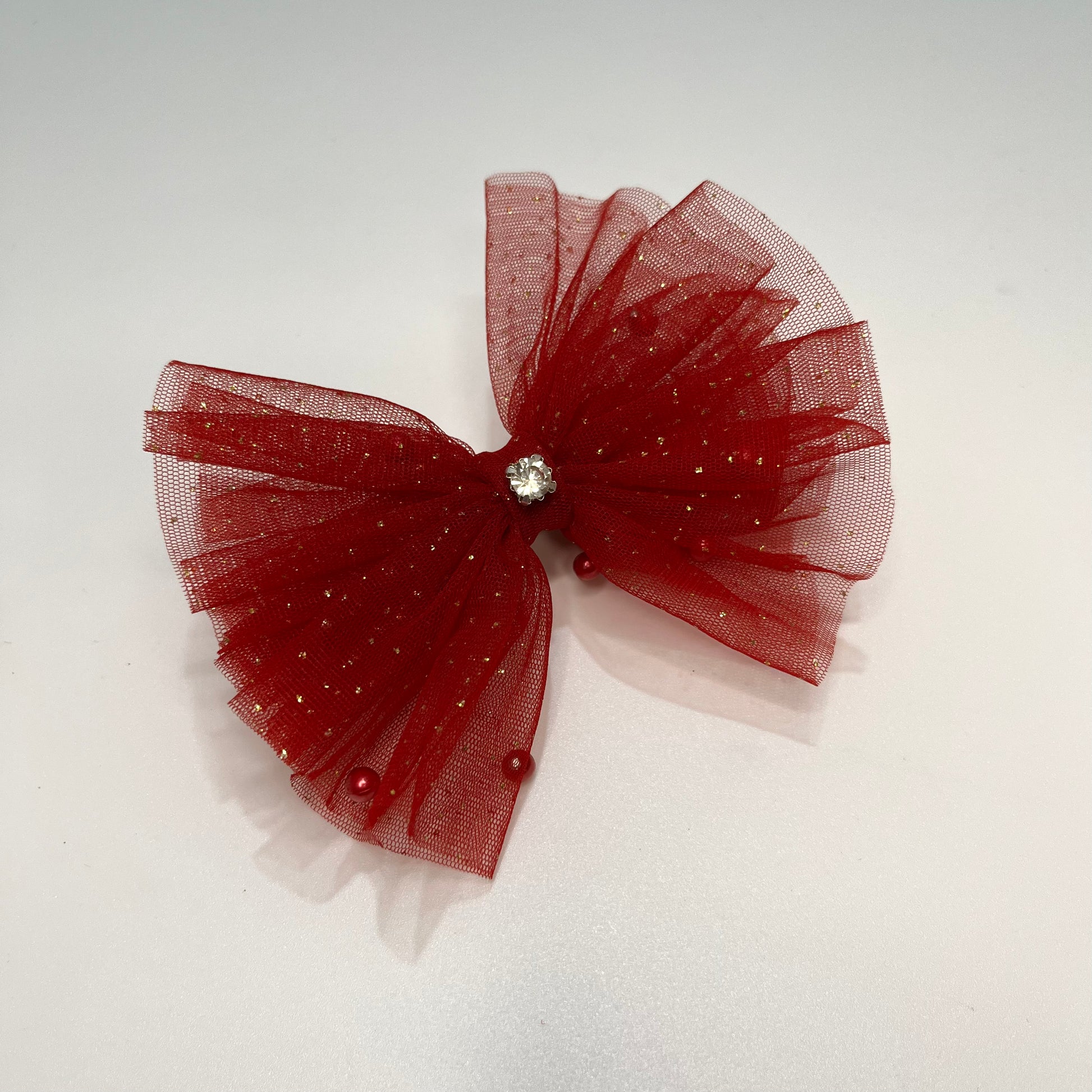 Glitter & Pearls Ruffle Red Bow Hair Clip