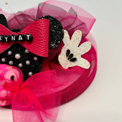Minnie Mouse Custom Name Pink and Black Fascinator Hair Clip | Birthday Baby Girl Headband