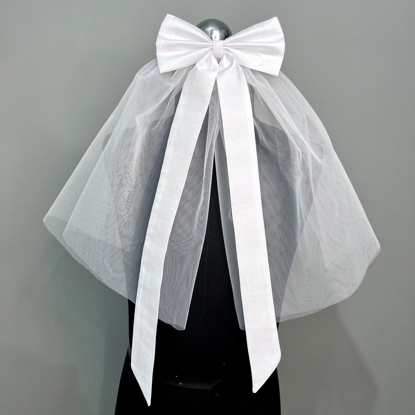 White Bow Hair Clip with Long Tail and Veil | Designer Hair Accessory