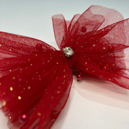 Glitter & Pearls Ruffle Red Bow | Designer hair accessories