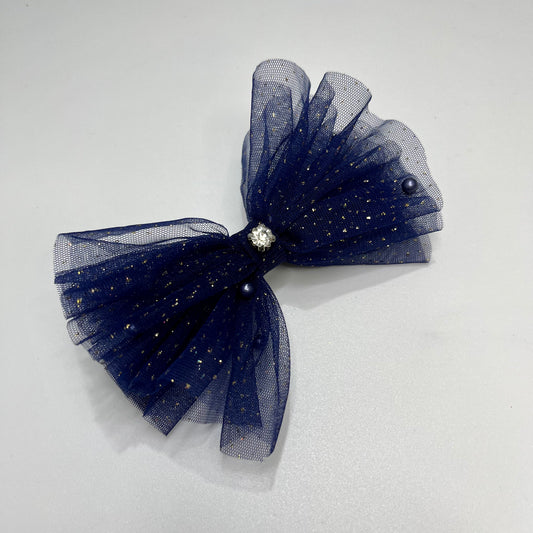 Glitter & Pearls Ruffle Blue Bow Hair Clip