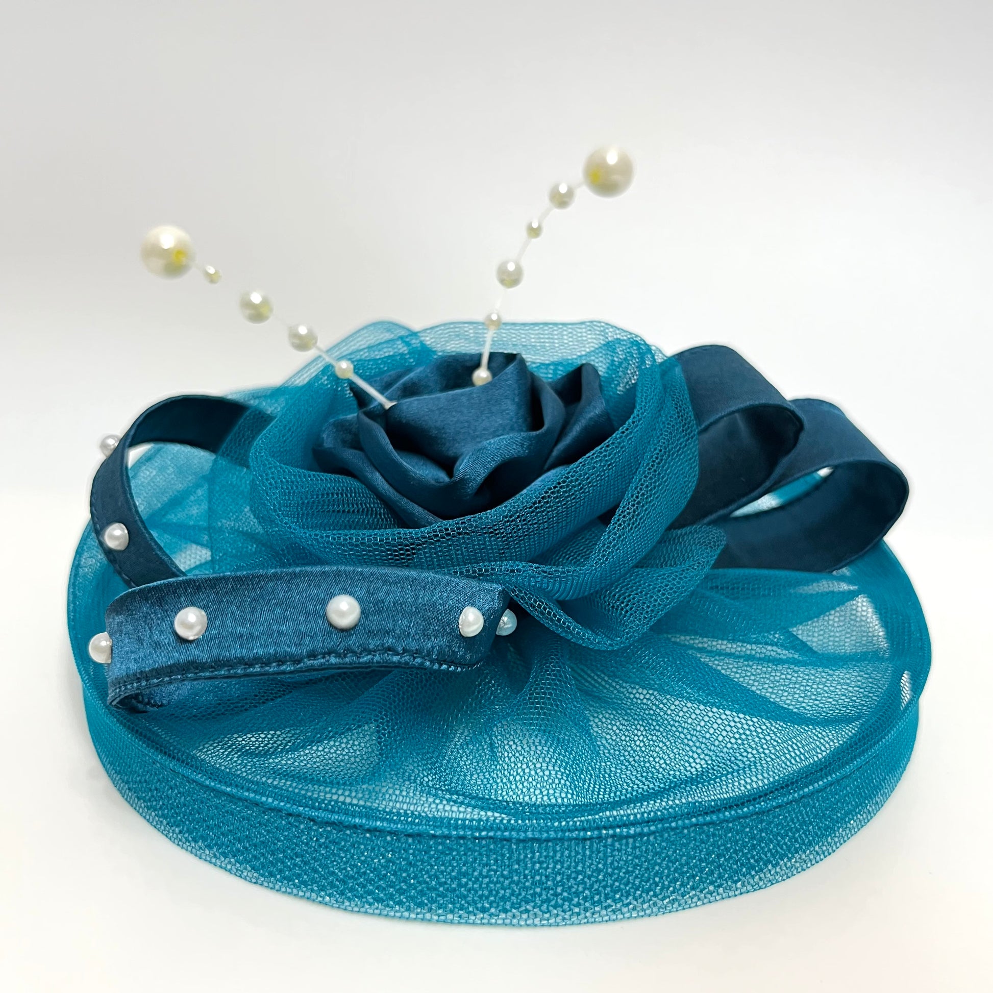 Teal Blue Fascinator Hat | Flower, Ribbon, Pearls Hair Clip