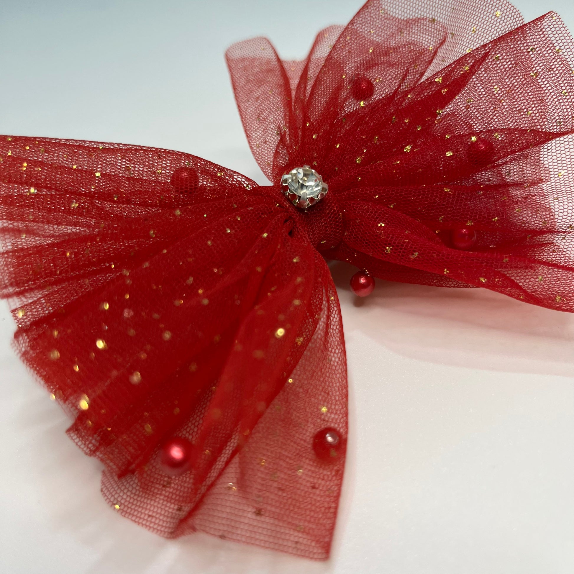 Glitter & Pearls Ruffle Red Bow Headband for baby girl