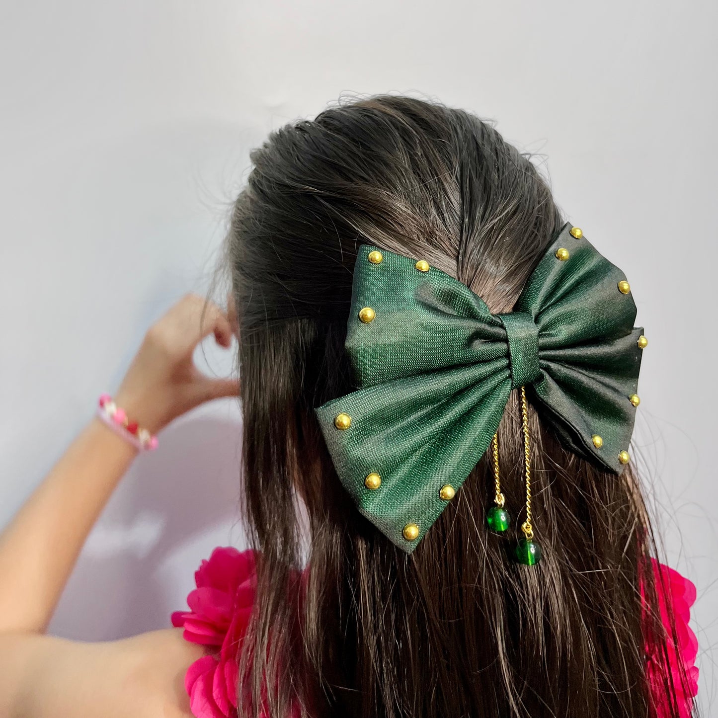 Green Bow with Golden Pearls | Baby Girl Headband