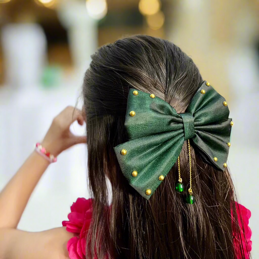 Green Bow with Golden Pearls | Baby Girl Headband