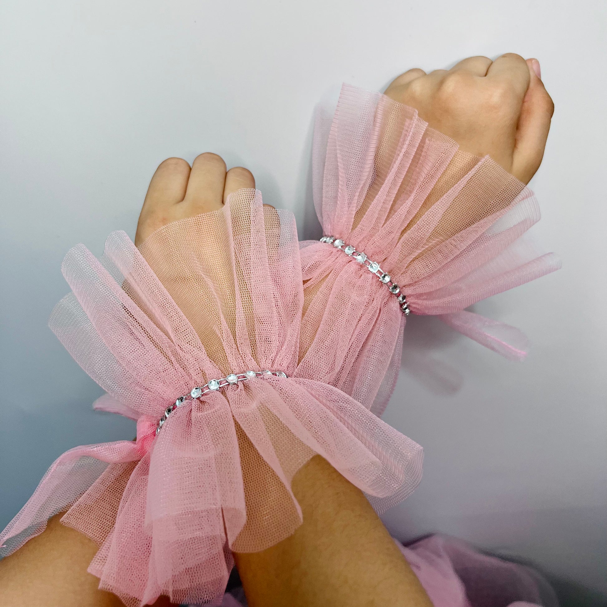 Ruffled Charm Tulle Pink Cuffs with silver bracelet attachment for girls