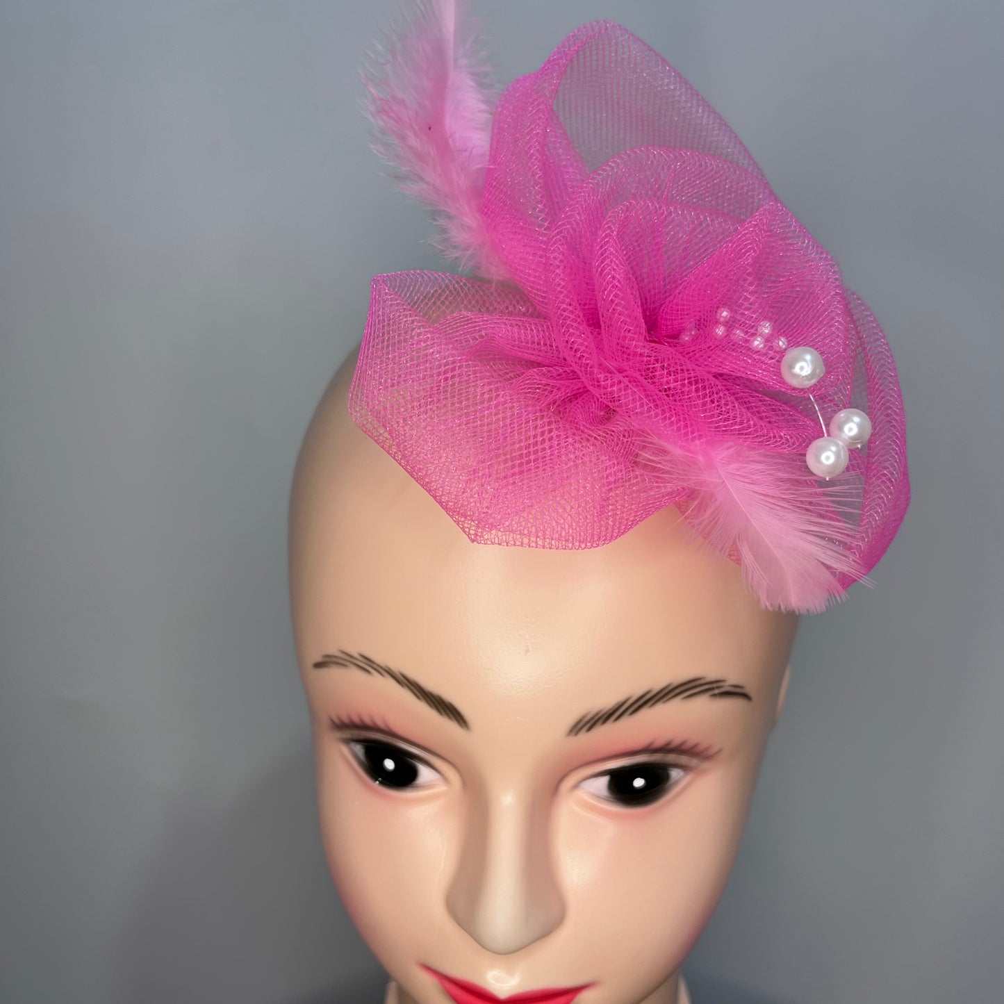 Pink Net and Feather Fascinator Hair Clip | High Tea Party Hair Clip