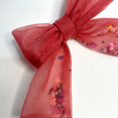 Onion Pink Tulle Shaker Sequin Hair Bow | Women Elegant Designer Hair Accessories