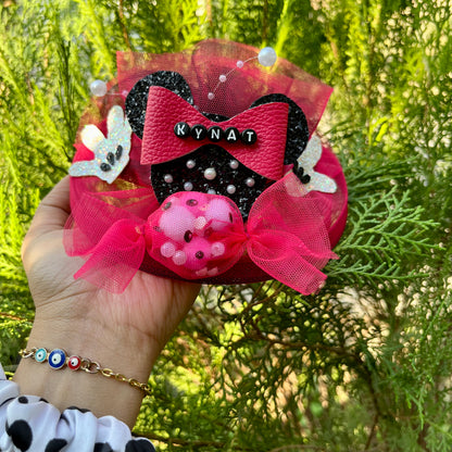 Minnie Mouse Custom Name  Pink and Black Fascinator Hair Clip | Birthday Hair Accessory