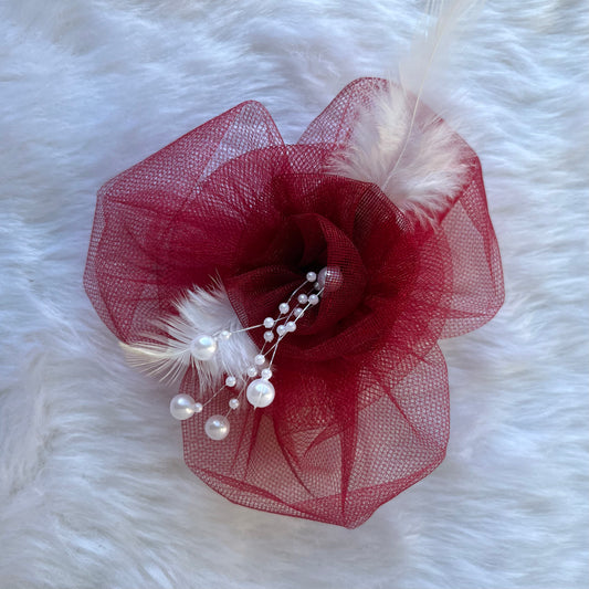 Wine AZALEA Flower Fascinator with White Feather and Pearls