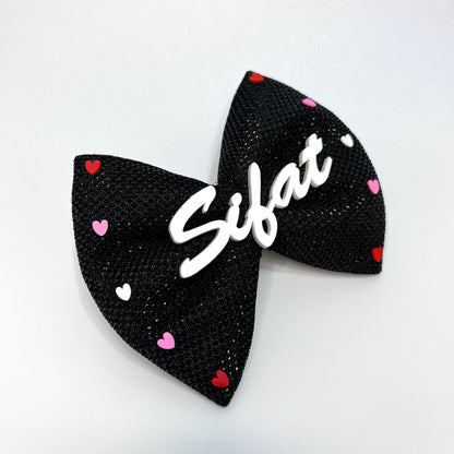 Custom Name Black Bow Hair Clip with hearts | Baby Soft Nylon Headband
