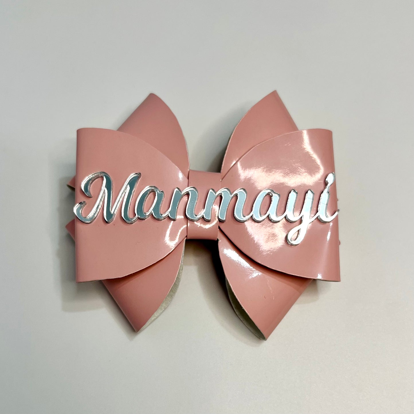 Silver Custom Name on Pink Leather Bow Hair Clip
