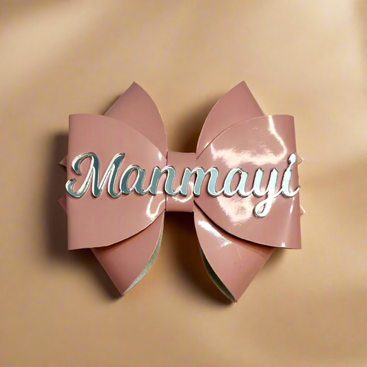 Silver Custom Name on Pink Leather Bow Hair Clip