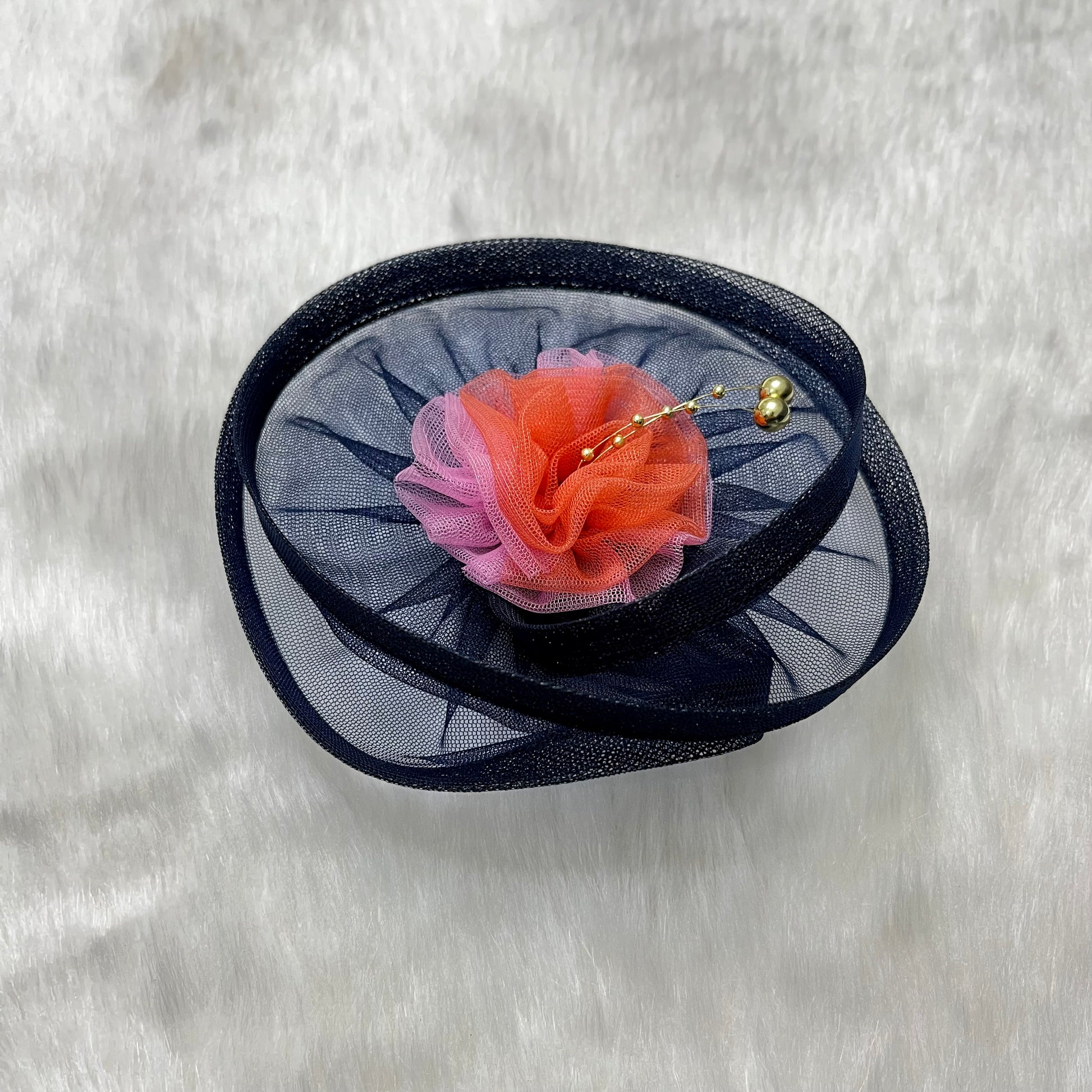 Navy Blue Flower Fascinator Hat with Pearl Accents