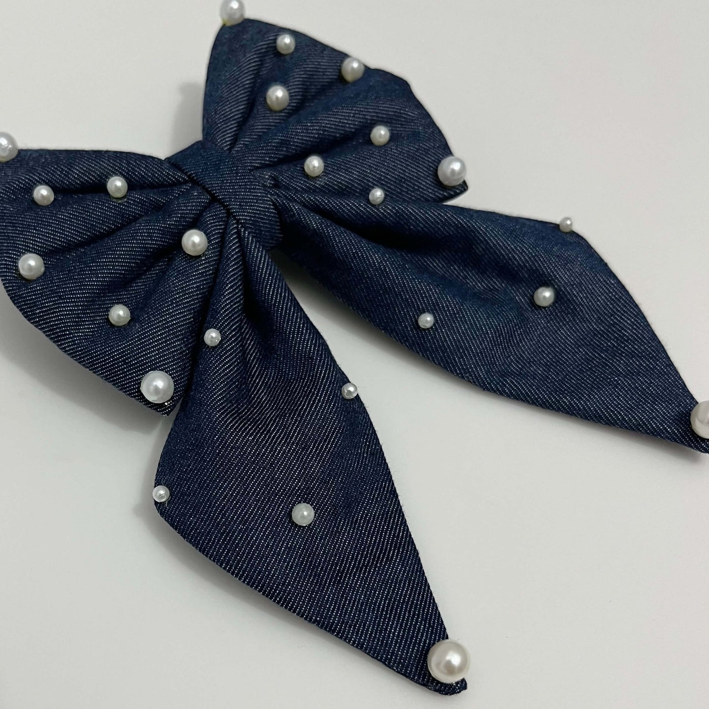 Denim Hair Bow with Pearls | Handmade designer hair accessories