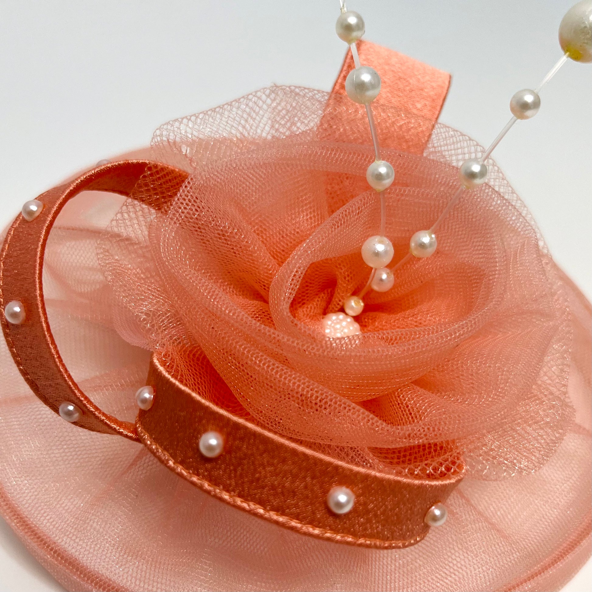 Peach Fascinator Hat wit pearls and ribbons | Birthday Accessories