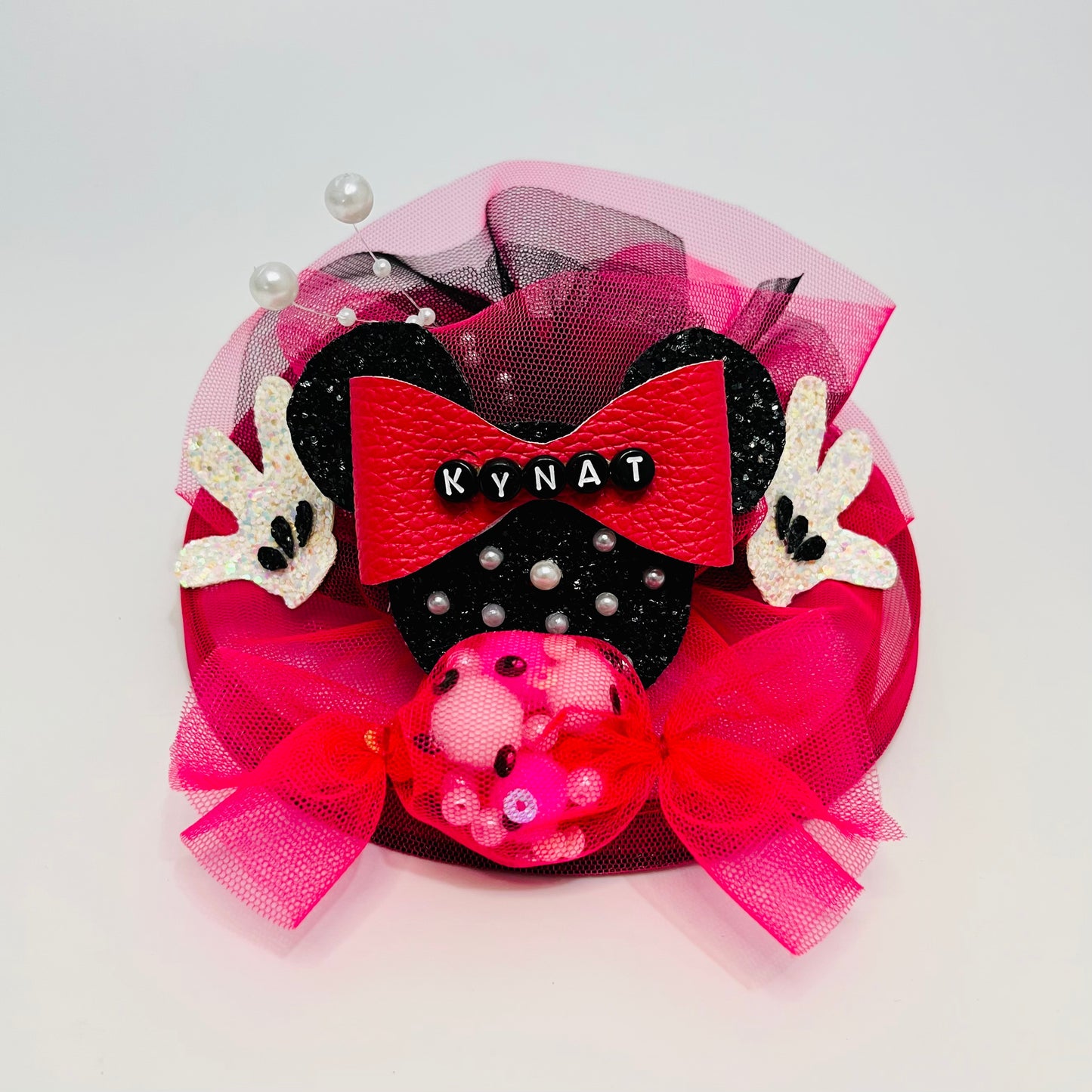 Minnie Mouse Custom Name  Pink and Black Fascinator Hair Clip