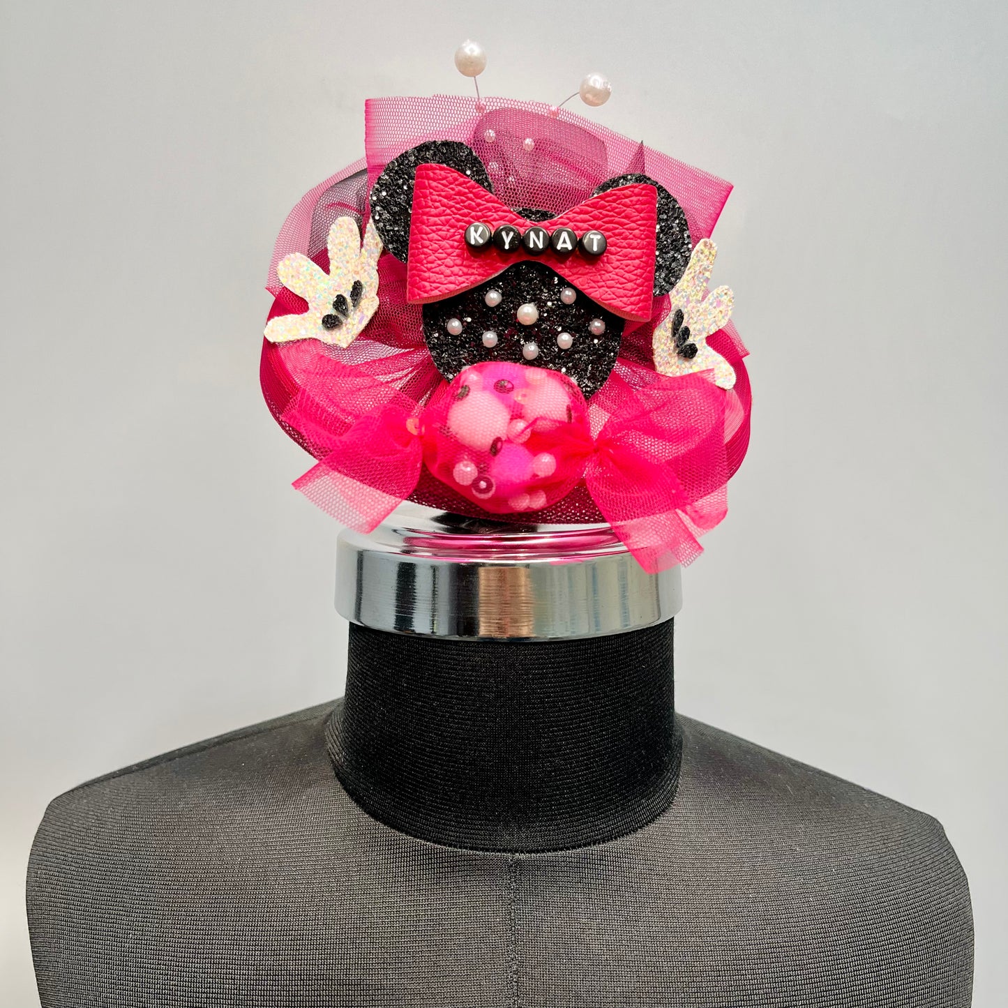 Minnie Mouse Custom Name Pink and Black Fascinator Hair Clip | Photoshoot Designer Hair Accessory