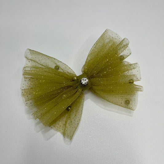 Glitter & Pearls Ruffle Green Bow Hair Clip