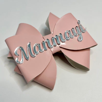 Silver Custom Name on Pink Leather Bow | Alligator Hair Clip