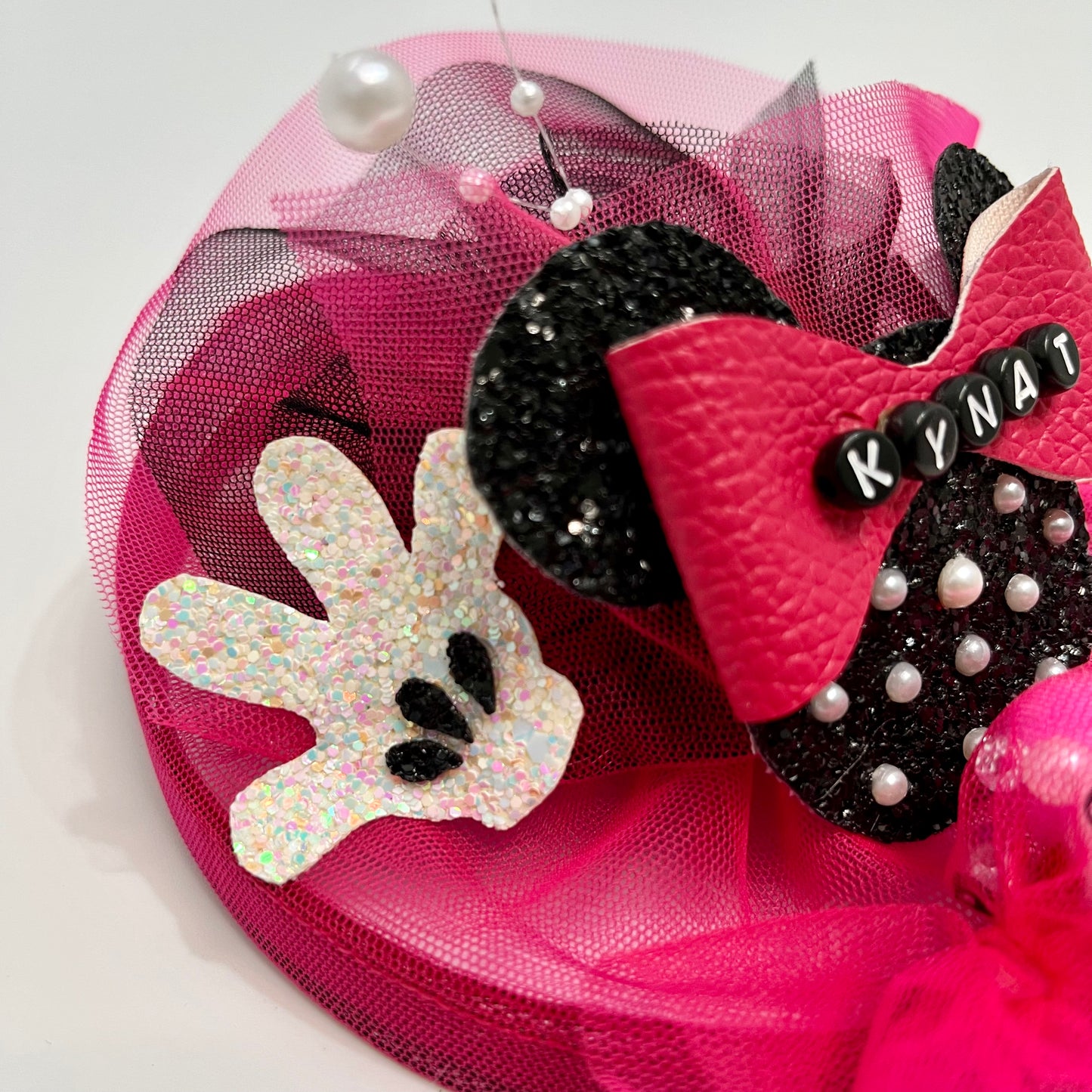 Minnie Mouse Pink and Black Fascinator Hair Clip with Custom name