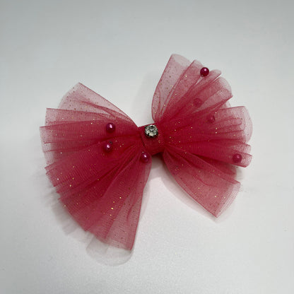 Glitter & Pearls Ruffle Pink Bow Hair Clip