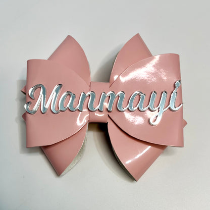 Silver Custom Name on Pink Leather Bow | Baby girl nylon soft headband